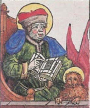 Saksalainen puupiirros evankelista Markuksesta vuodelta 1493. Vaikea tietää, onko kuva näköinen - ainakaan mallina ei aito Markus istunut.